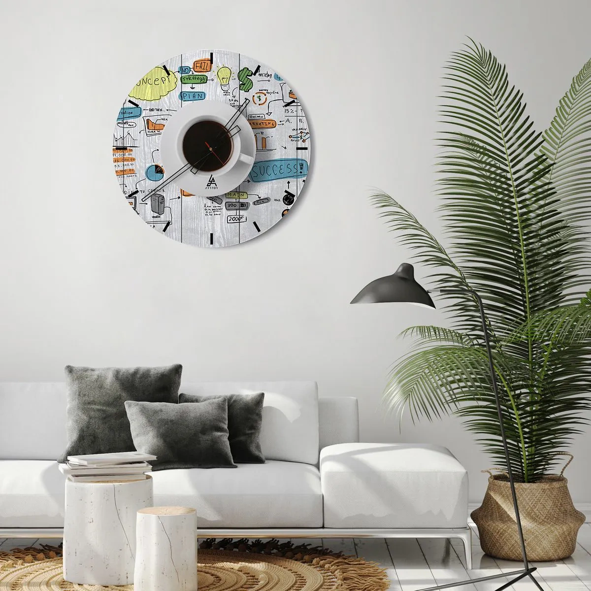 Relógio de parede - Relógio em vidro - Uma xícara de café com um plano de negócios e gráficos ao fundo - 30x30cm - Tempo para uma pausa - Decoração de parede moderna para a sala de estar, cozinha e quarto ARTTOR