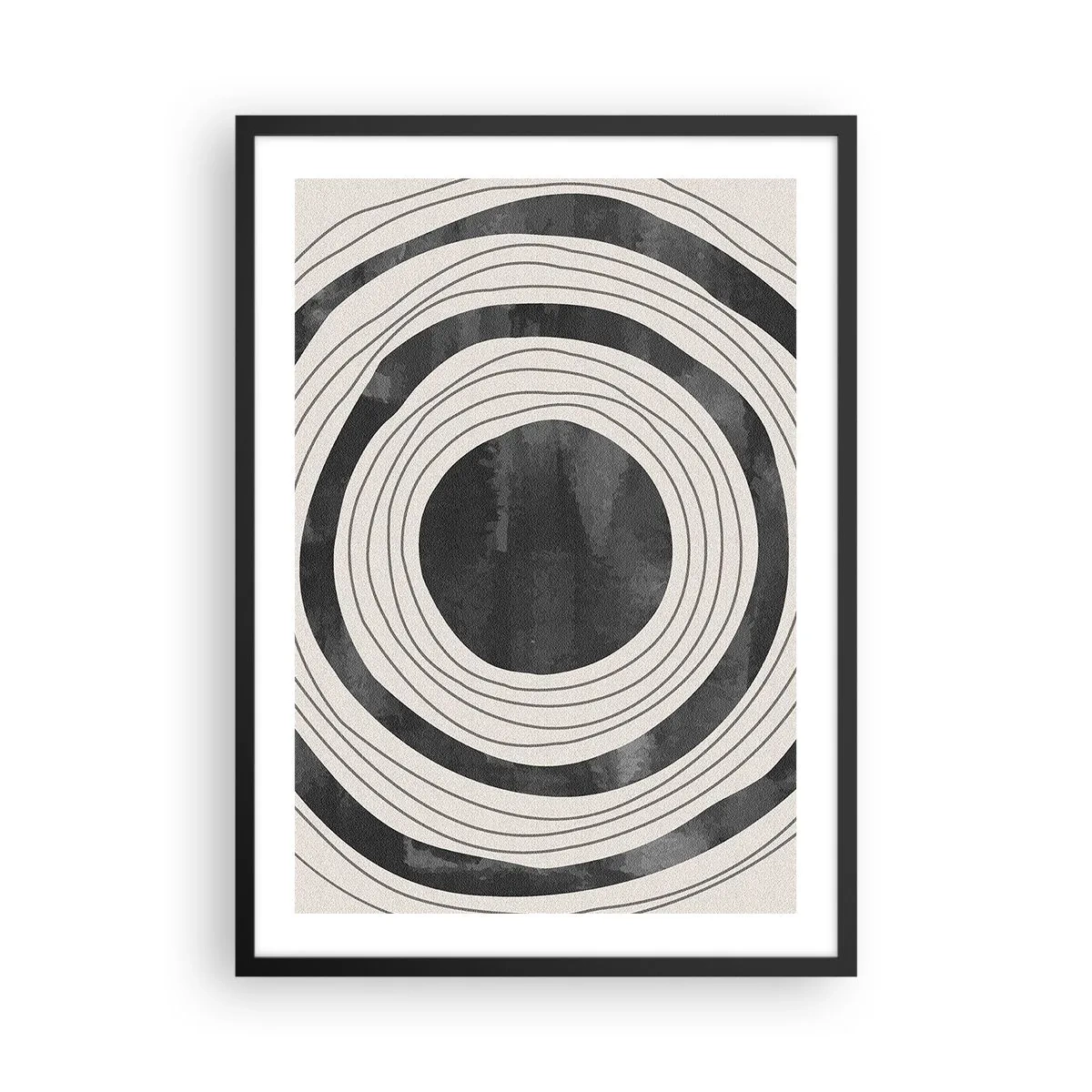 Pôster com moldura preta - Círculos concêntricos abstratos em preto e branco - 50x70cm - Direito ao ponto - Decoração de parede moderna para a sala de estar e quarto ARTTOR