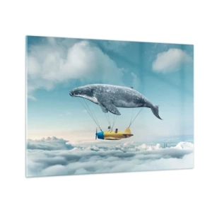 Quadro em vidro - Uma baleia levanta um avião acima das nuvens em um cenário surreal. - 70x50cm - Por que não? - Decoração de parede moderna para a sala de estar e quarto ARTTOR