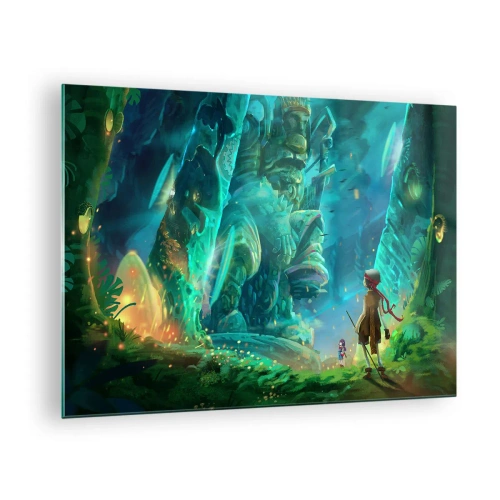 Quadro em vidro - Paisagem de fantasia com uma figura e uma estátua antiga na floresta - 70x50cm - Do Grande Livro de Contos de Fadas - Decoração de parede moderna para a sala de estar e quarto ARTTOR
