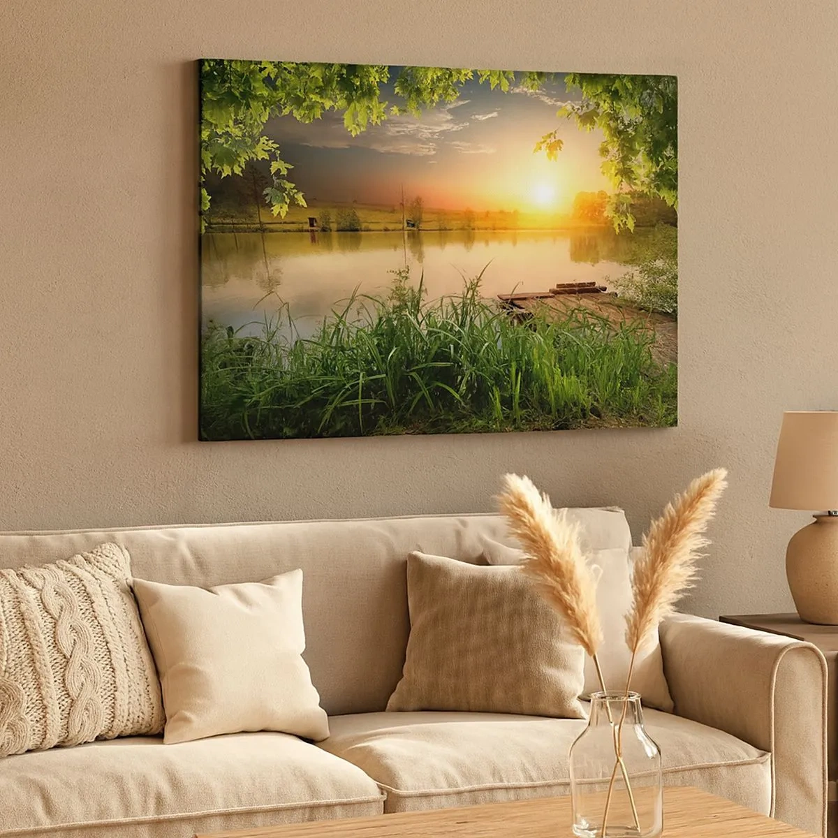 Quadro em tela - Paisagem verde com um lago ao pôr do sol - 70x50cm - Paisagem em uma moldura verde - Decoração de parede moderna para a sala de estar e quarto ARTTOR