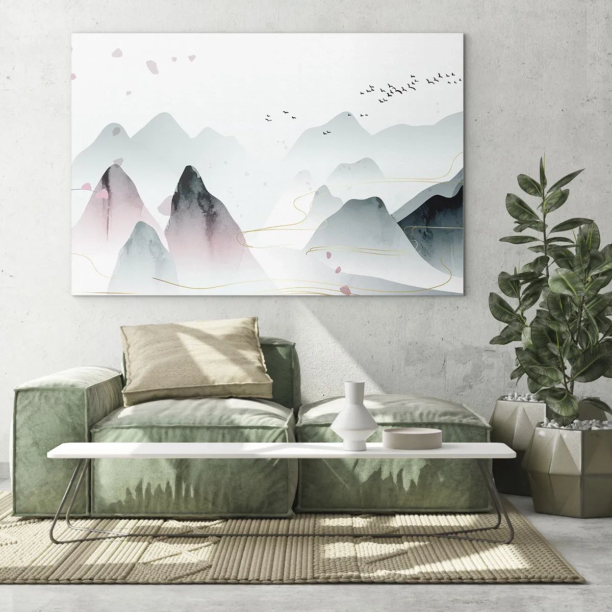 Quadro em vidro - Montanhas pastéis com um bando de pássaros voando e linhas douradas - 70x50cm - Acima dos picos - Decoração de parede moderna para a sala de estar e quarto ARTTOR