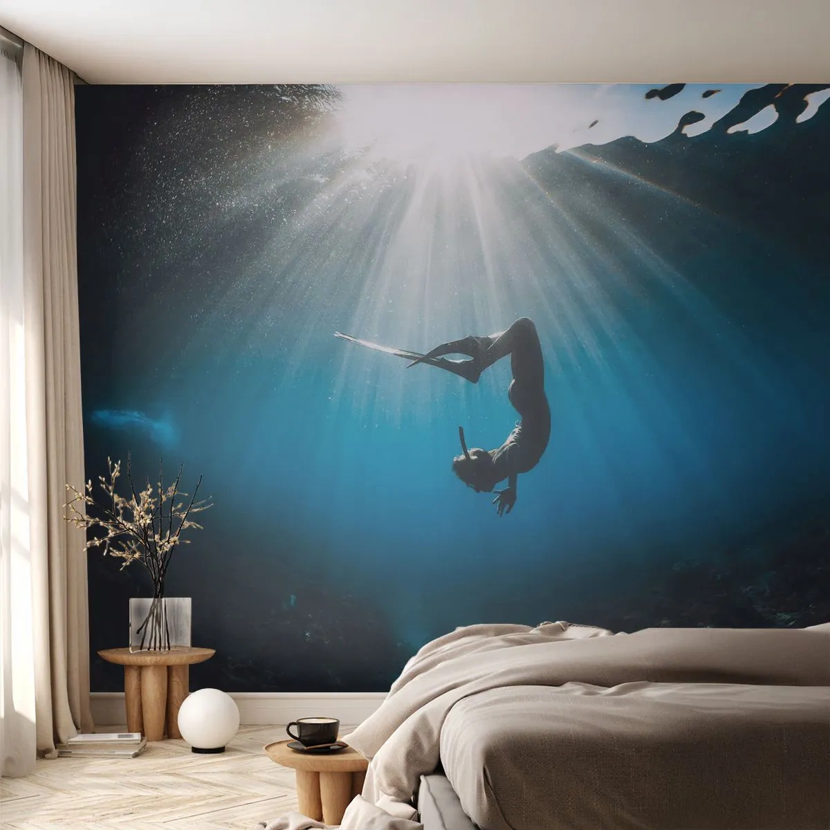 Papel de Parede Autocolante Deluxe Sticker - Dança subaquática - Caverna Subaquática, Raios de sol, Mergulhando - 250x175 cm