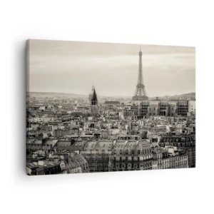 Quadro em tela - Panorama de Paris com a Torre Eiffel em tons sépia - 70x50cm - Sobre os telhados de Paris - Decoração de parede moderna para a sala de estar e quarto ARTTOR