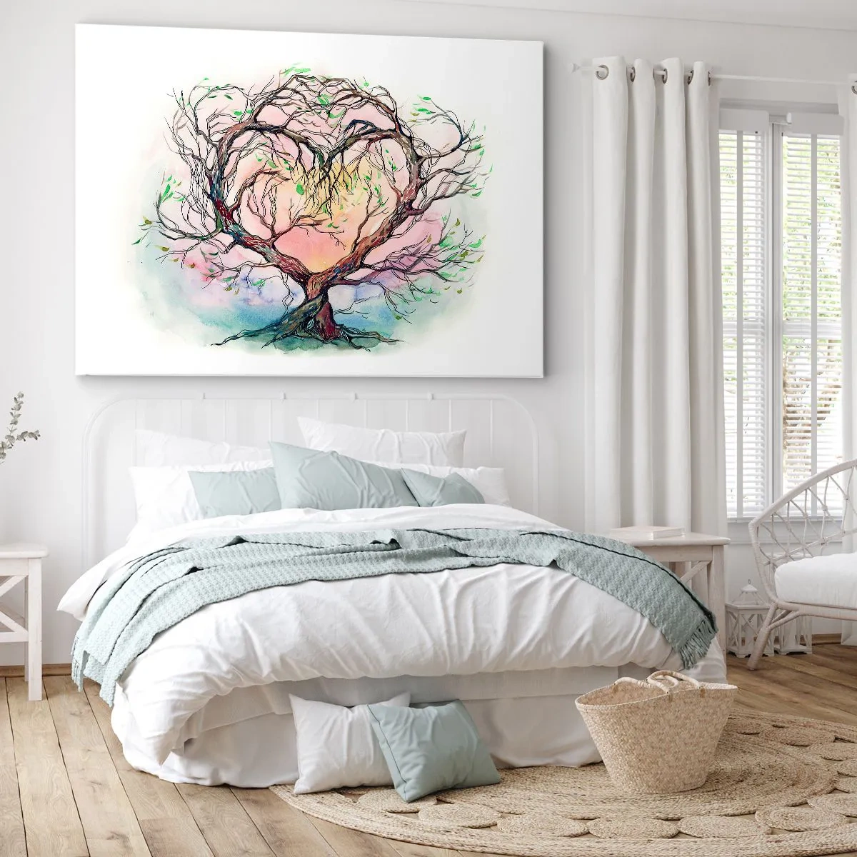 Quadro em tela - Uma árvore em forma de coração sobre um fundo de delicadas cores pastel - 70x50cm - Juntos contra os vendavais - Decoração de parede moderna para a sala de estar e quarto ARTTOR