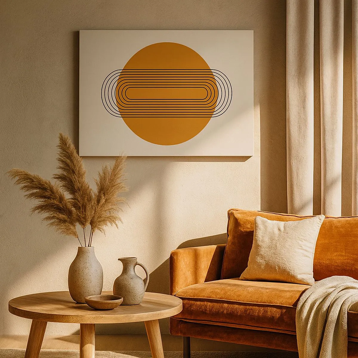 Quadro em tela - Padrão geométrico com círculos e linhas laranja - 70x50cm - O plano perfeito - Decoração de parede moderna para a sala de estar e quarto ARTTOR