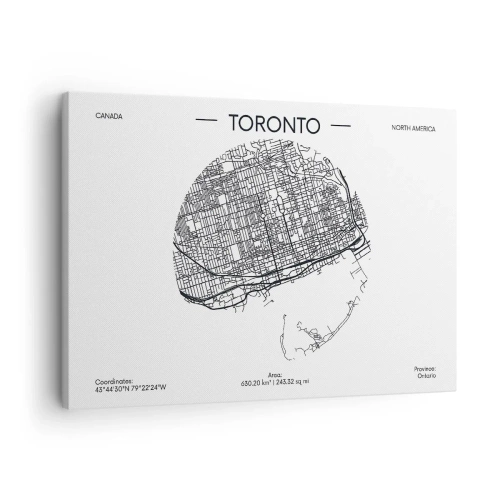 Quadro em tela - Um mapa de Toronto em um estilo minimalista em preto e branco - 70x50cm - Anatomia de Toronto - Decoração de parede moderna para a sala de estar e quarto ARTTOR