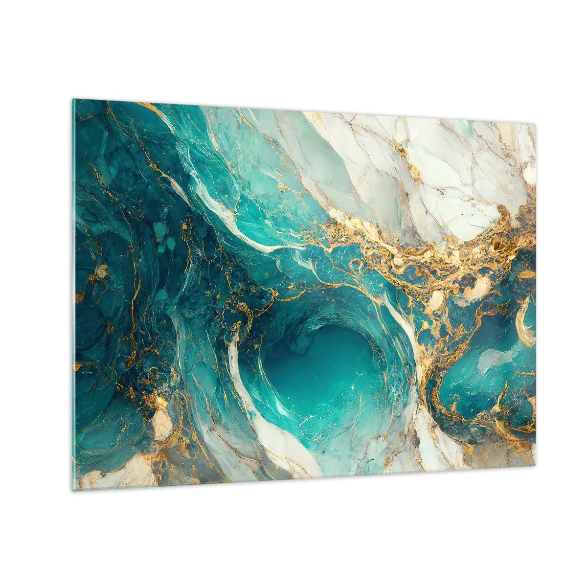 Quadro em vidro - Composição abstrata com veios turquesa e dourados - 70x50cm - Composição com veios d'ouro - Decoração de parede moderna para a sala de estar e quarto ARTTOR