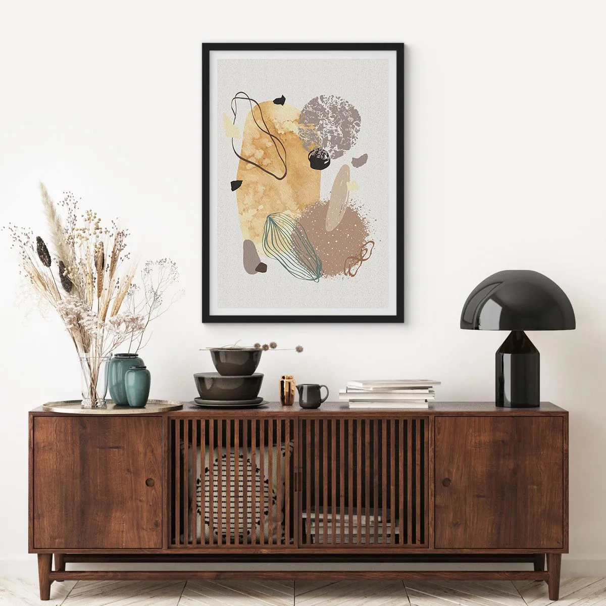 Pôster com moldura preta - Composição abstrata em tons naturais - 50x70cm - Plumcologia aplicada - Decoração de parede moderna para a sala de estar e quarto ARTTOR