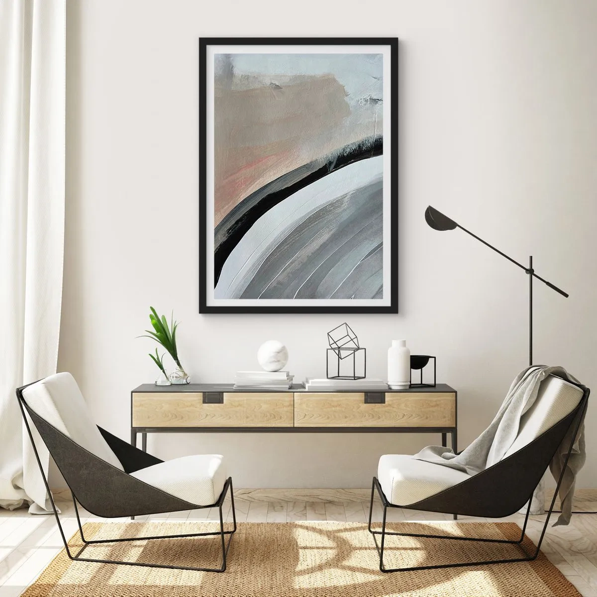 Pôster com moldura preta - Composição abstrata com linhas em tons de cinza e bege. - 50x70cm - Composição: arco preto e cinza - Decoração de parede moderna para a sala de estar e quarto ARTTOR
