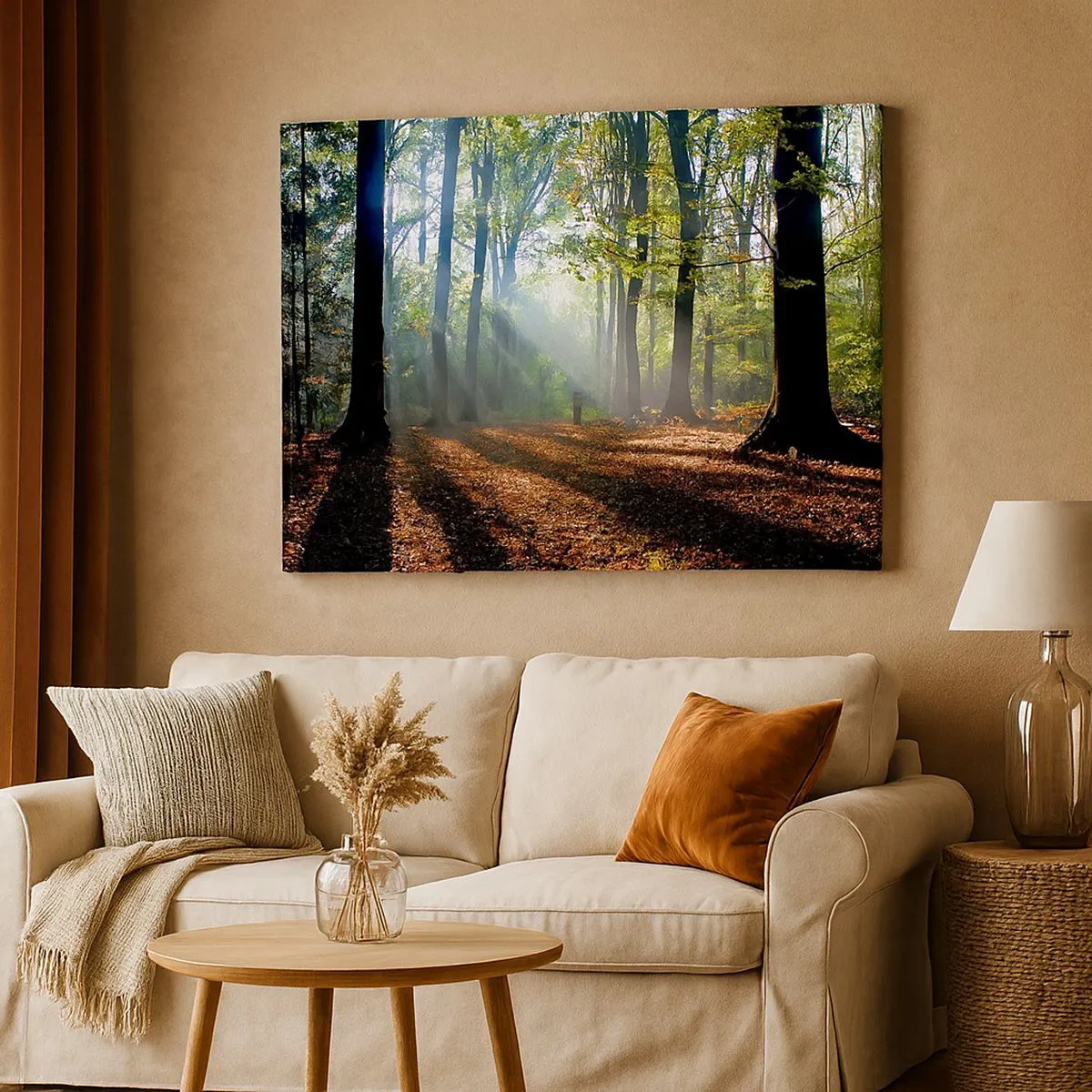 Quadro em tela - Uma clareira na floresta iluminada pelos raios do sol - 70x50cm - Luzes e sombras - Decoração de parede moderna para a sala de estar e quarto ARTTOR
