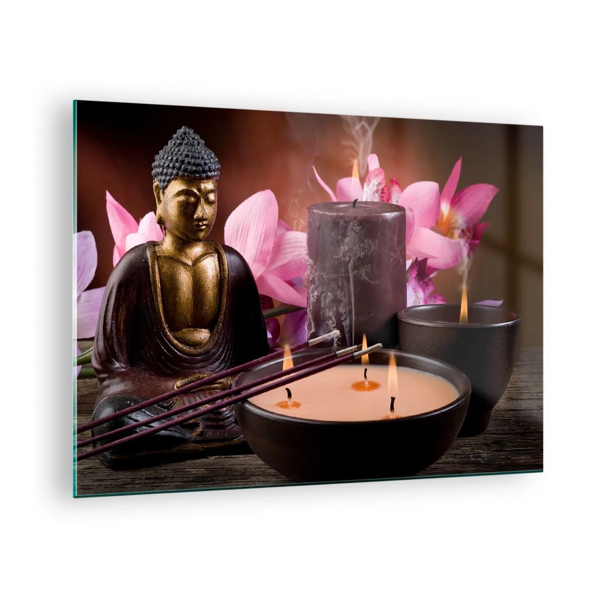 Quadro em vidro - Composição de relaxamento com Buda, velas e flores - 70x50cm - Limpar a mente, acalmar o corpo - Decoração de parede moderna para a sala de estar e quarto ARTTOR
