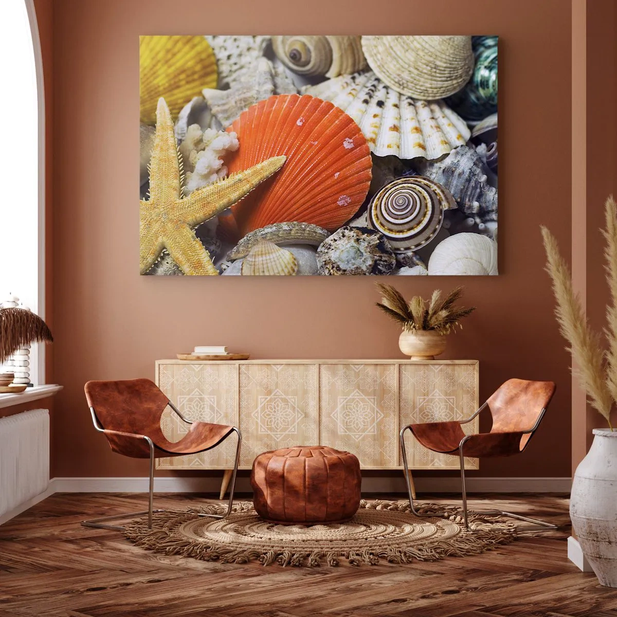 Quadro em tela - Conchas e estrelas do mar em uma composição marinha - 70x50cm - Tesouros do oceano - Decoração de parede moderna para a sala de estar e quarto ARTTOR