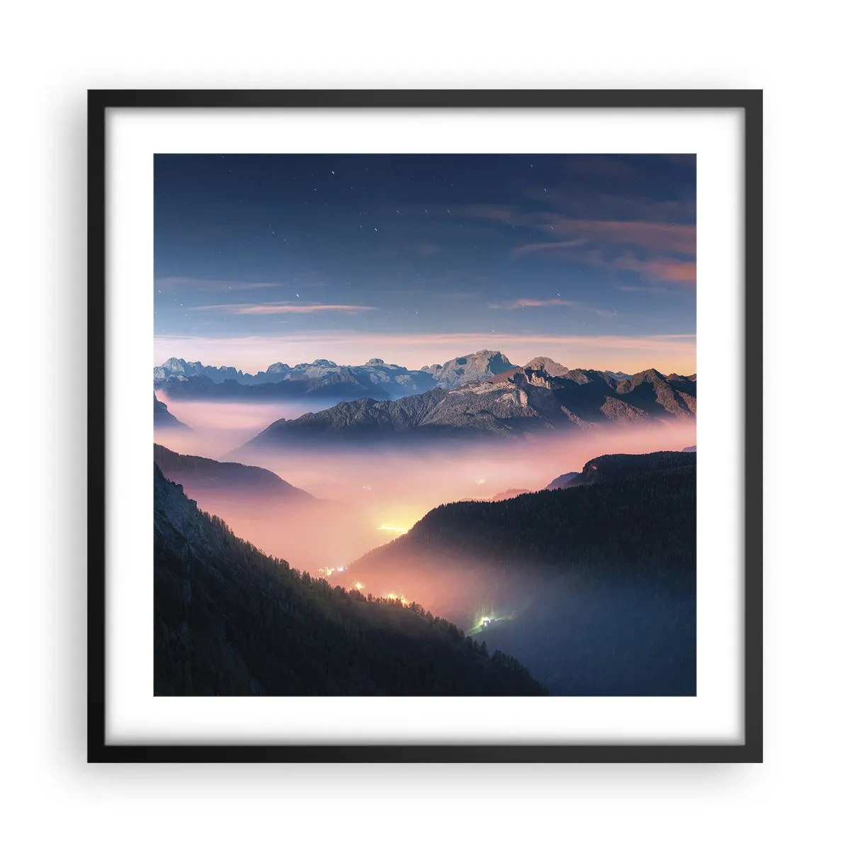 Pôster com moldura preta - Luz nos vales - 50x50 cm