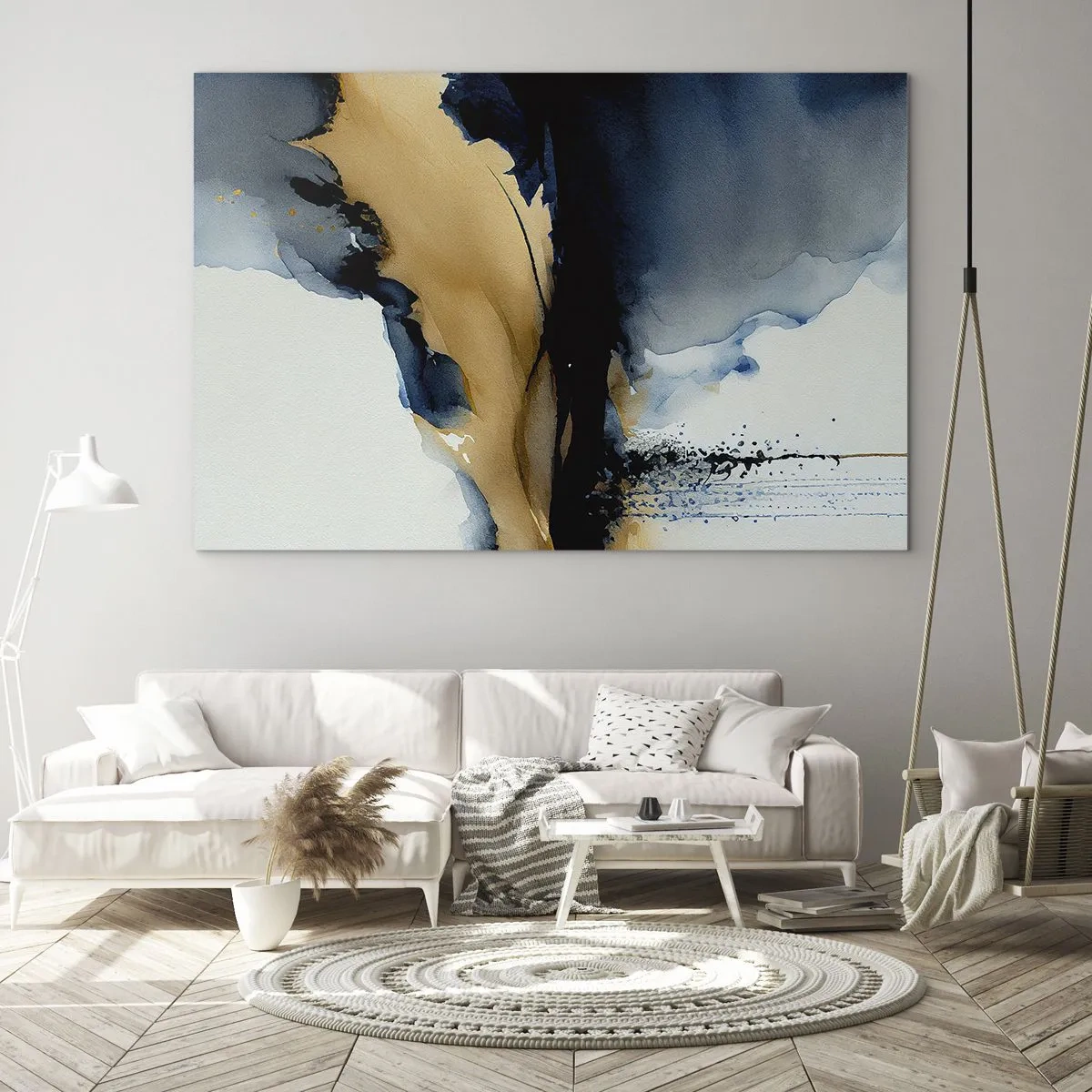 Quadro em vidro - Uma composição abstrata em tons de azul marinho e bege - 70x50cm - Atrás da cortina - Decoração de parede moderna para a sala de estar e quarto ARTTOR
