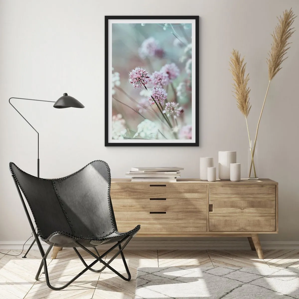 Pôster com moldura preta - Flores delicadas em tons pastéis - 50x70cm - Doce delicadeza das ervas - Decoração de parede moderna para a sala de estar e quarto ARTTOR