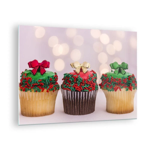 Quadro em vidro - Cupcakes de Natal com decoração de laço - 70x50cm - Doces sob o laço - Decoração de parede moderna para a sala de estar e quarto ARTTOR