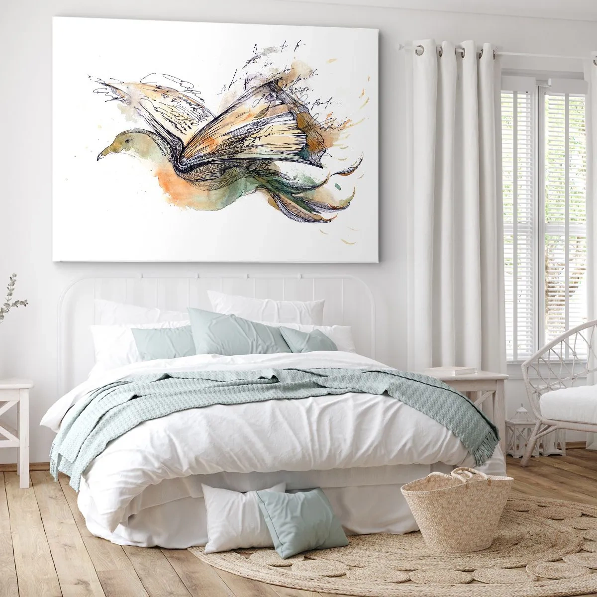 Quadro em tela - Pintura artística em aquarela de um pássaro com um livro como asas - 70x50cm - Nas asas da poesia - Decoração de parede moderna para a sala de estar e quarto ARTTOR