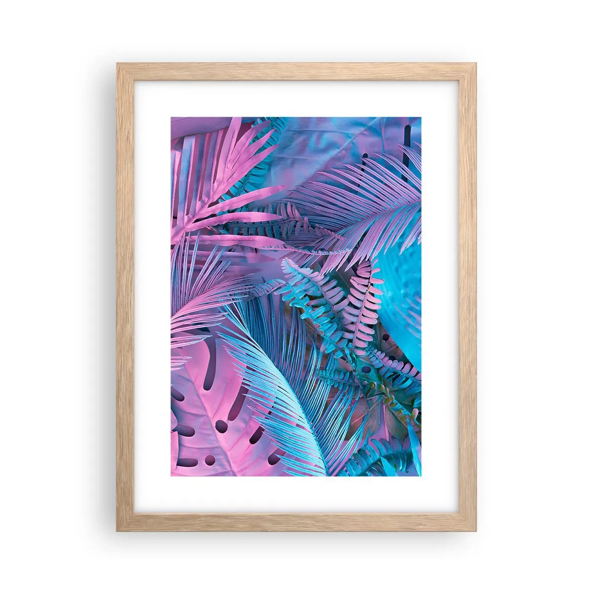Pôster com moldura de carvalho claro - Trópicos em rosa e azul - 30x40 cm