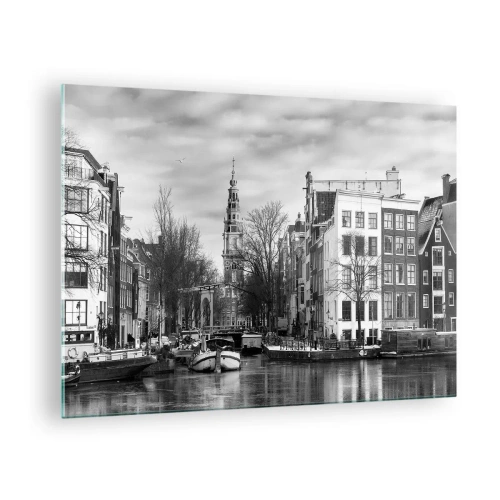 Quadro em vidro - Vista em preto e branco de um canal em Amsterdã - 70x50cm - Vibrações de Amsterdã - Decoração de parede moderna para a sala de estar e quarto ARTTOR