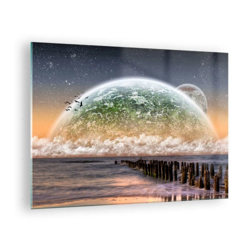 Quadro em vidro - Pôr do sol sobre o planeta e o oceano - 70x50cm - E o mundo emergiu da água - Decoração de parede moderna para a sala de estar e quarto ARTTOR
