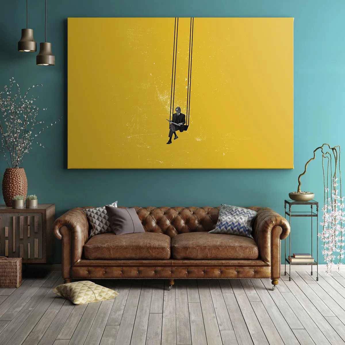 Quadro em tela - Uma pessoa em um balanço contra um fundo amarelo intenso - 70x50cm - Dia como todos os dias - Decoração de parede moderna para a sala de estar e quarto ARTTOR