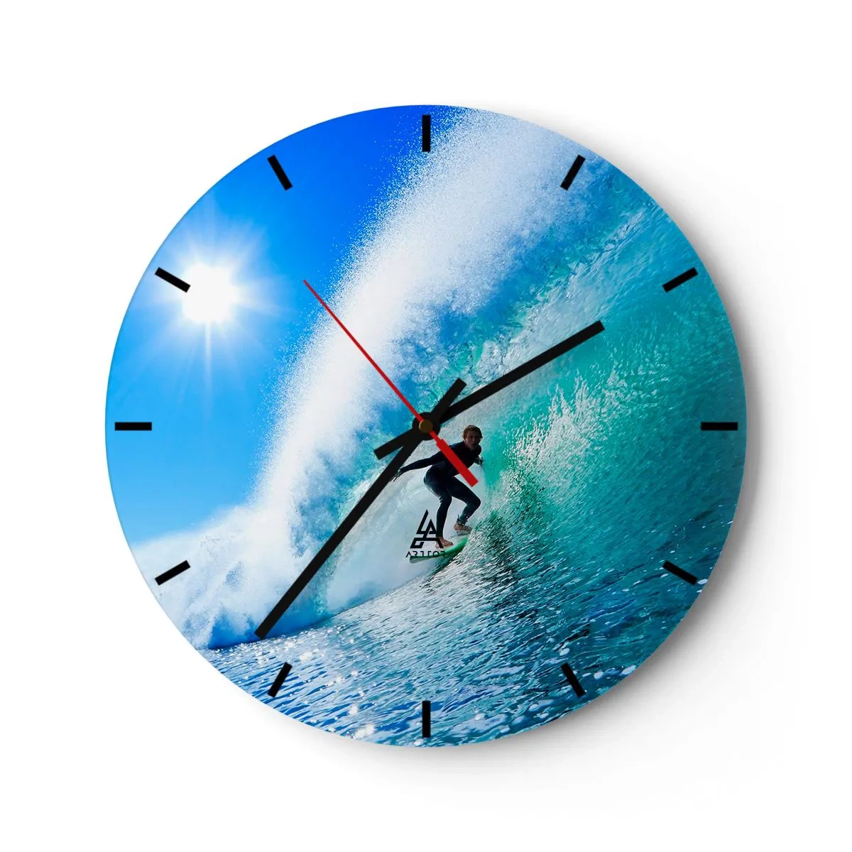 Relógio de parede - Relógio em vidro - Surfista em uma onda em um dia ensolarado - 30x30cm - Azul gigante - Decoração de parede moderna para a sala de estar, cozinha e quarto ARTTOR