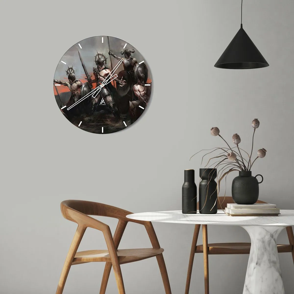 Relógio de parede - Relógio em vidro - Um grupo de guerreiros blindados com escudos e lanças em uma cena dinâmica - 30x30cm - Com ou em um escudo - Decoração de parede moderna para a sala de estar, cozinha e quarto ARTTOR