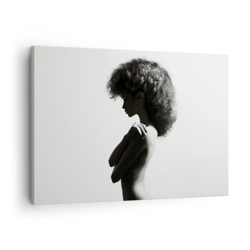 Quadro em tela - Uma silhueta sutil de uma mulher em tons de preto e branco sobre um fundo claro - 70x50cm - Como uma flor em um caule fino - Decoração de parede moderna para a sala de estar e quarto ARTTOR