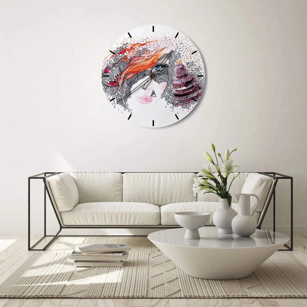 Relógio de parede - Relógio em vidro - Rosto artístico com detalhes e cores ricos - 30x30cm - Com ela, todos os dias são dias de festa - Decoração de parede moderna para a sala de estar, cozinha e quarto ARTTOR