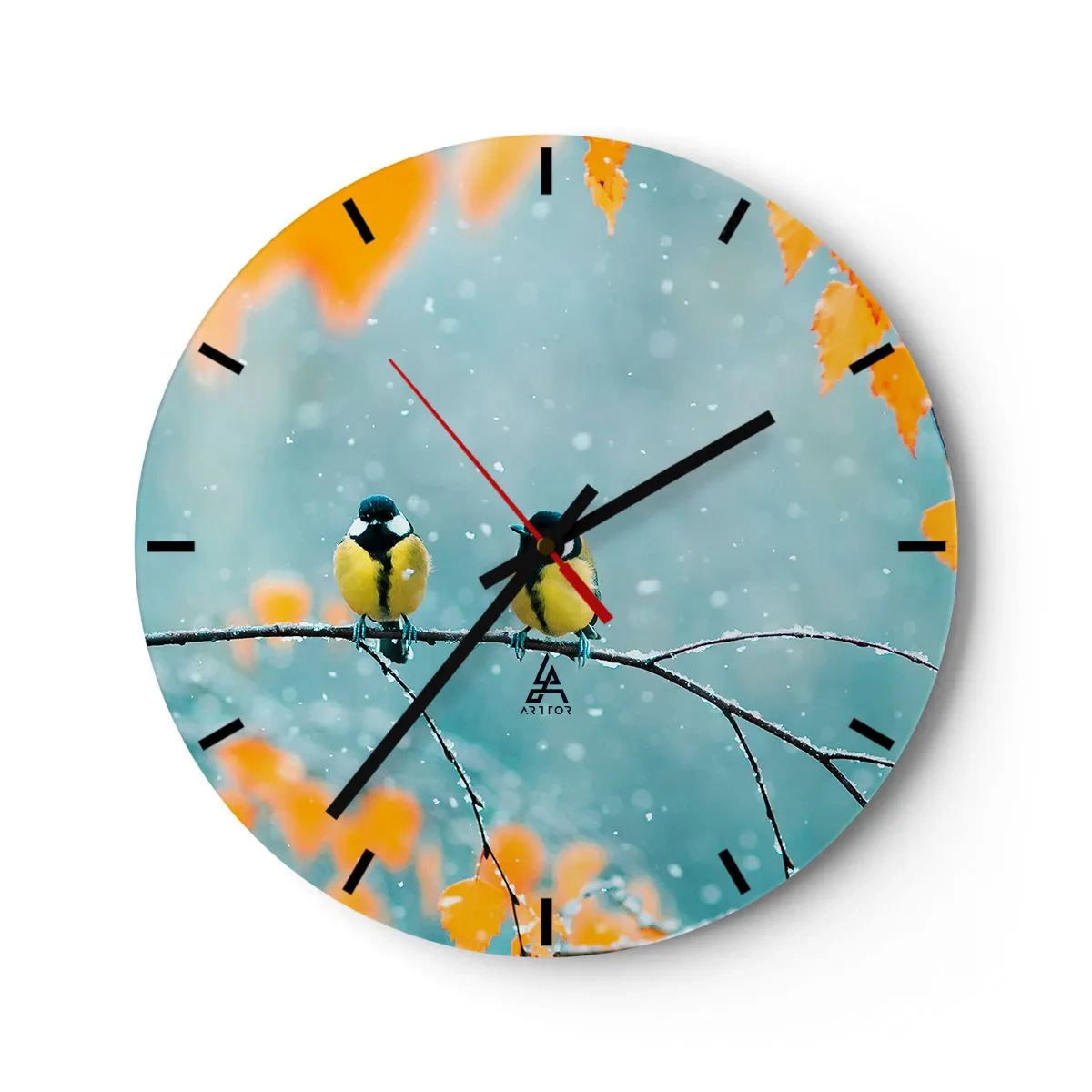 Relógio de parede - Relógio em vidro - Dois chapins em um galho coberto de neve em uma paisagem de inverno - 30x30cm - Fofoca de pássaros - Decoração de parede moderna para a sala de estar, cozinha e quarto ARTTOR