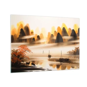 Quadro em vidro - Paisagem oriental com barcos e montanhas no nevoeiro - 70x50cm - Além do Extremo Oriente - Decoração de parede moderna para a sala de estar e quarto ARTTOR