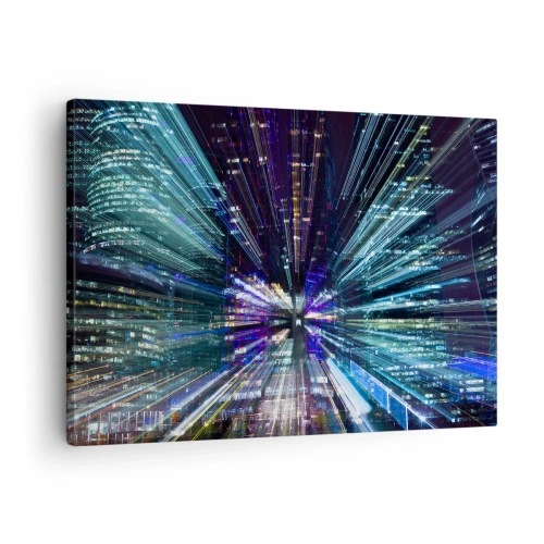 Quadro em tela - Visão dinâmica da cidade à noite com efeito de iluminação - 70x50cm - Transição para o hiperespaço - Decoração de parede moderna para a sala de estar e quarto ARTTOR