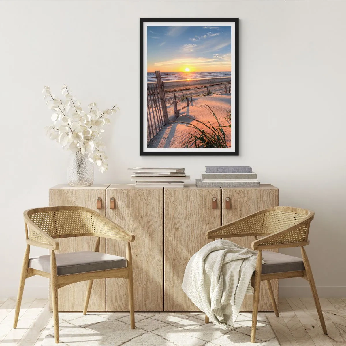 Pôster com moldura preta - A praia iluminada pelo pôr do sol - 50x70cm - Brilho e sombra do vento - Decoração de parede moderna para a sala de estar e quarto ARTTOR