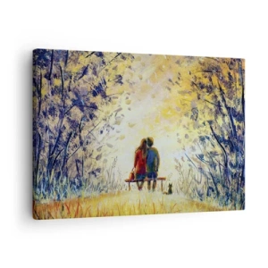 Quadro em tela - Um casal sentado em um banco entre árvores de outono sob a luz do sol - 70x50cm - Um momento mágico - Decoração de parede moderna para a sala de estar e quarto ARTTOR