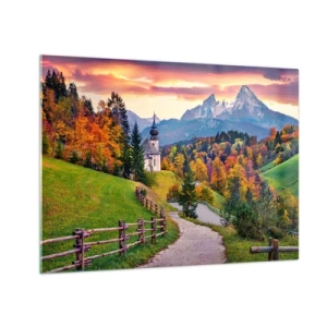 Quadro em vidro - Paisagem montanhosa de outono com uma igreja e uma estrada que atravessa as colinas - 70x50cm - Paisagem como uma pintura - Decoração de parede moderna para a sala de estar e quarto ARTTOR