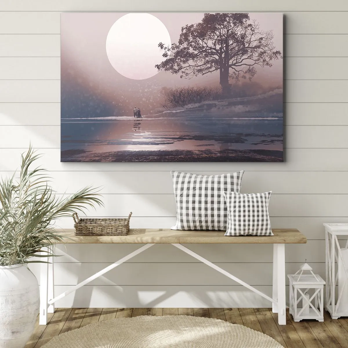 Quadro em tela - Cena romântica com a lua e uma árvore perto da água - 70x50cm - Maravilhas da noite - Decoração de parede moderna para a sala de estar e quarto ARTTOR