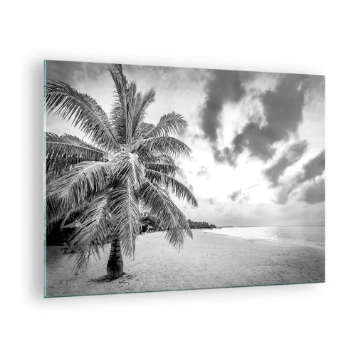 Quadro em vidro - Uma palmeira preta e branca em uma praia vazia com um céu nublado. - 70x50cm - Quando anseia por solidão... - Decoração de parede moderna para a sala de estar e quarto ARTTOR