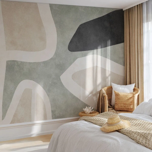 Papel de Parede Standard Eco - Forma abstrata com bege, verde e preto - 100x70cm - Composição com motivo preto - Decoração de parede moderna para a sala de estar e quarto ARTTOR