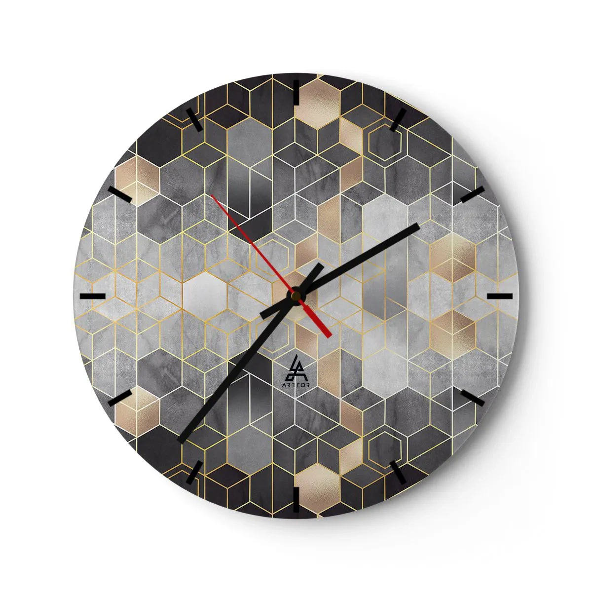 Relógio de parede - Relógio em vidro - Mosaico geométrico em tons de cinza e dourado - 30x30cm - Composição do diamante - Decoração de parede moderna para a sala de estar, cozinha e quarto ARTTOR
