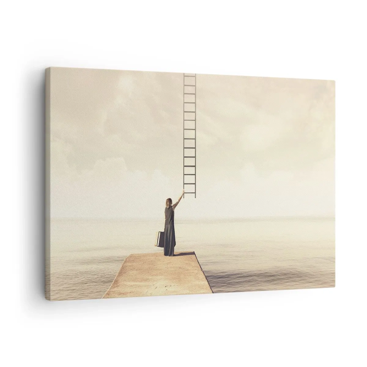 Quadro em tela - Uma mulher em pé em um píer com uma escada que leva ao céu - 70x50cm - Uma viagem mágica - Decoração de parede moderna para a sala de estar e quarto ARTTOR