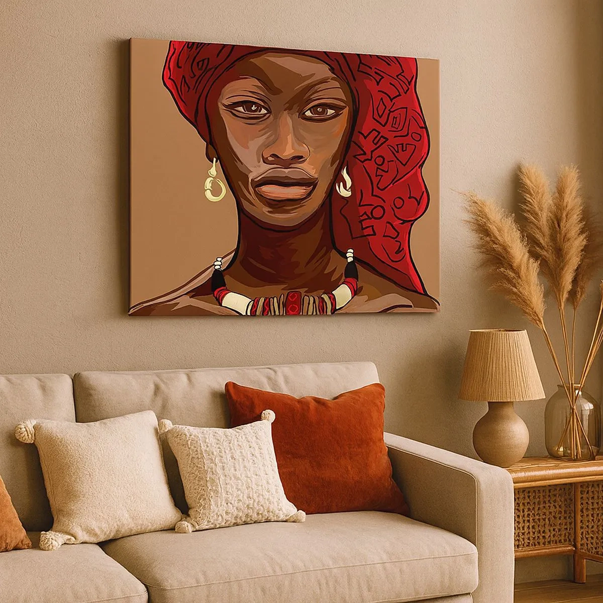 Quadro em tela - Retrato de uma mulher com um turbante vermelho sobre fundo bege - 70x50cm - Vénus de Ébano - Decoração de parede moderna para a sala de estar e quarto ARTTOR