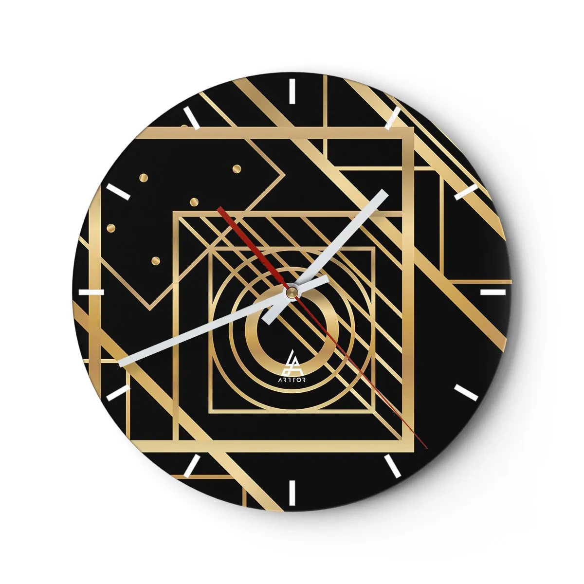 Relógio de parede - Relógio em vidro - Padrão geométrico dourado em fundo preto - 30x30cm - Geometria dourada - Decoração de parede moderna para a sala de estar, cozinha e quarto ARTTOR