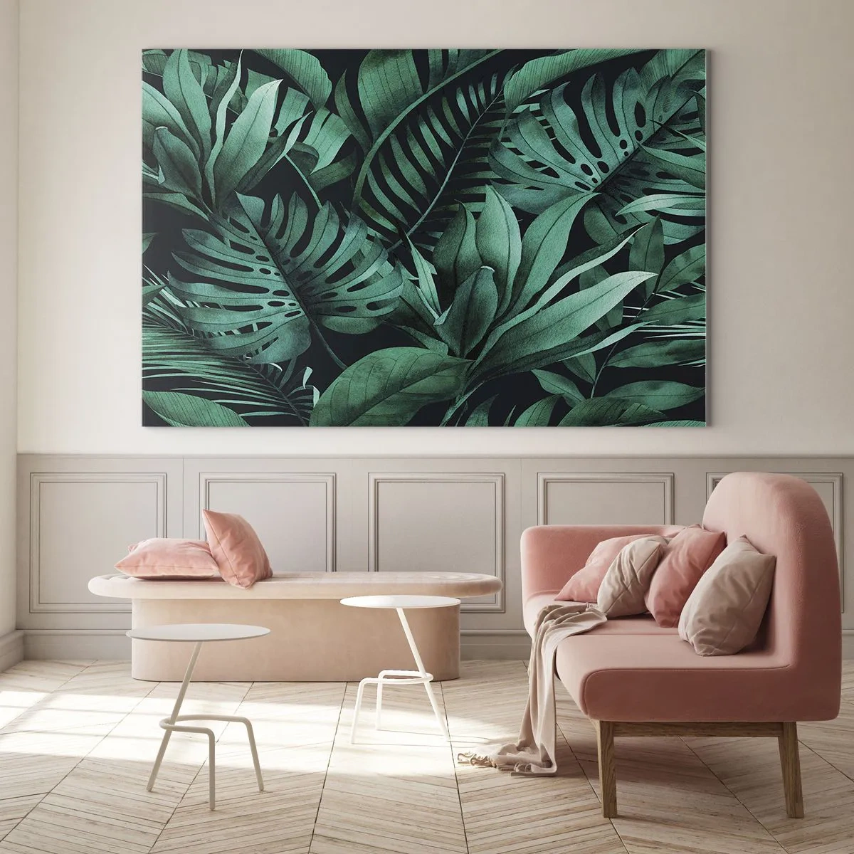 Quadro em vidro - Folhas verdes exuberantes em uma composição tropical - 70x50cm - A profundidade da vegetação tropical - Decoração de parede moderna para a sala de estar e quarto ARTTOR