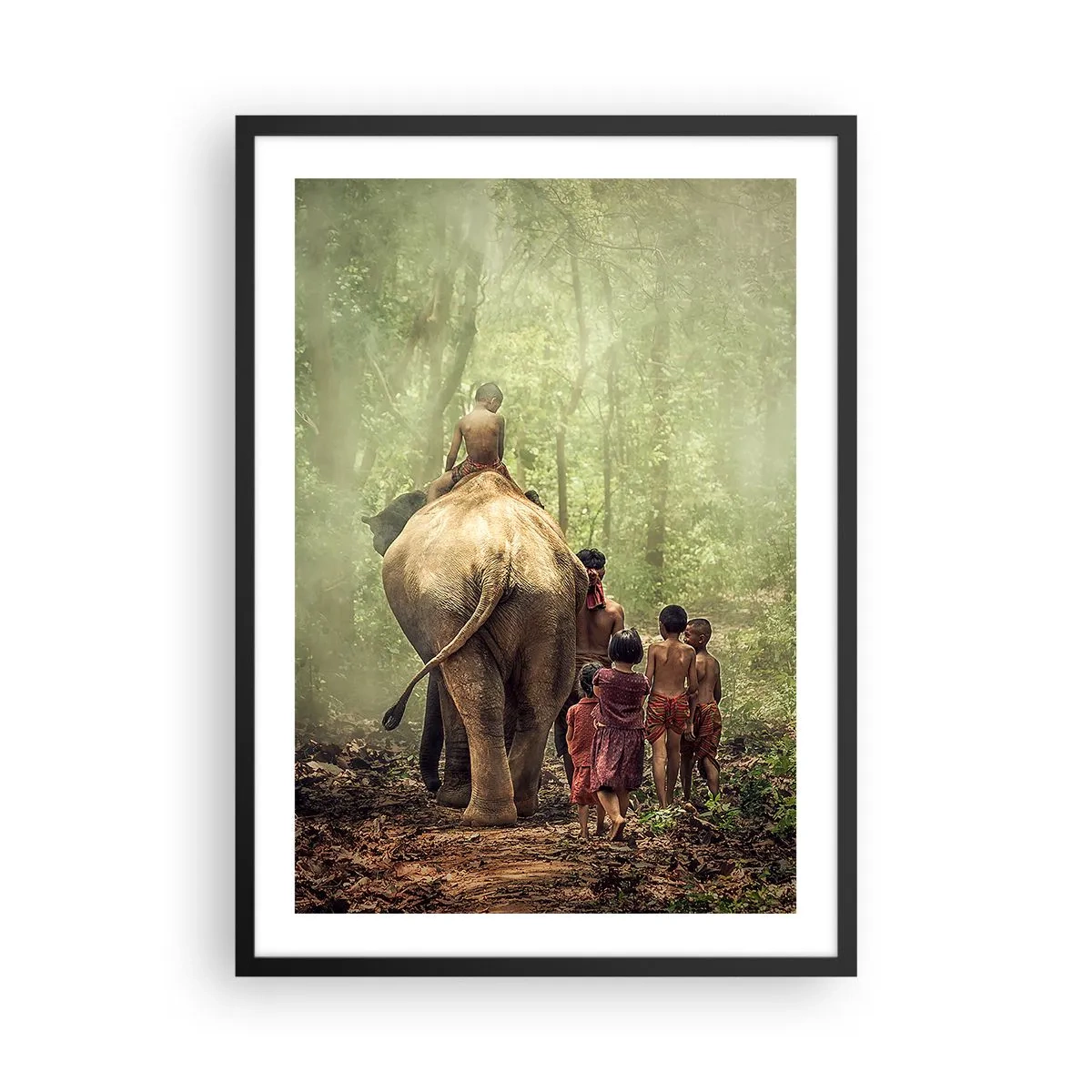 Pôster com moldura preta - Crianças e um elefante na floresta tropical - 50x70cm - Novo Livro da Selva - Decoração de parede moderna para a sala de estar e quarto ARTTOR