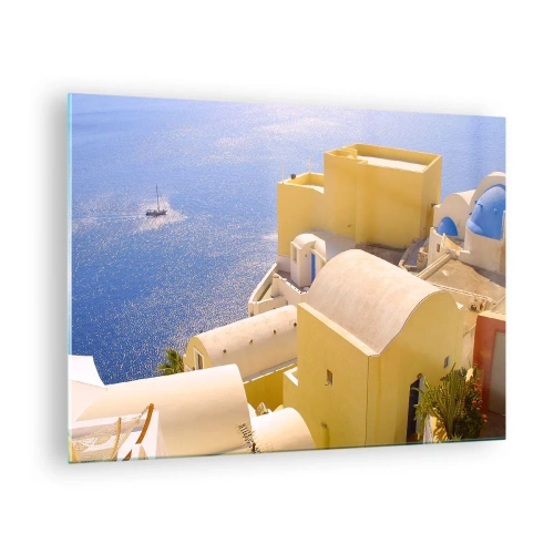 Quadro em vidro - Vista de Santorini com mar azul e edifícios brancos - 70x50cm - Paisagem grega em branco e azul - Decoração de parede moderna para a sala de estar e quarto ARTTOR