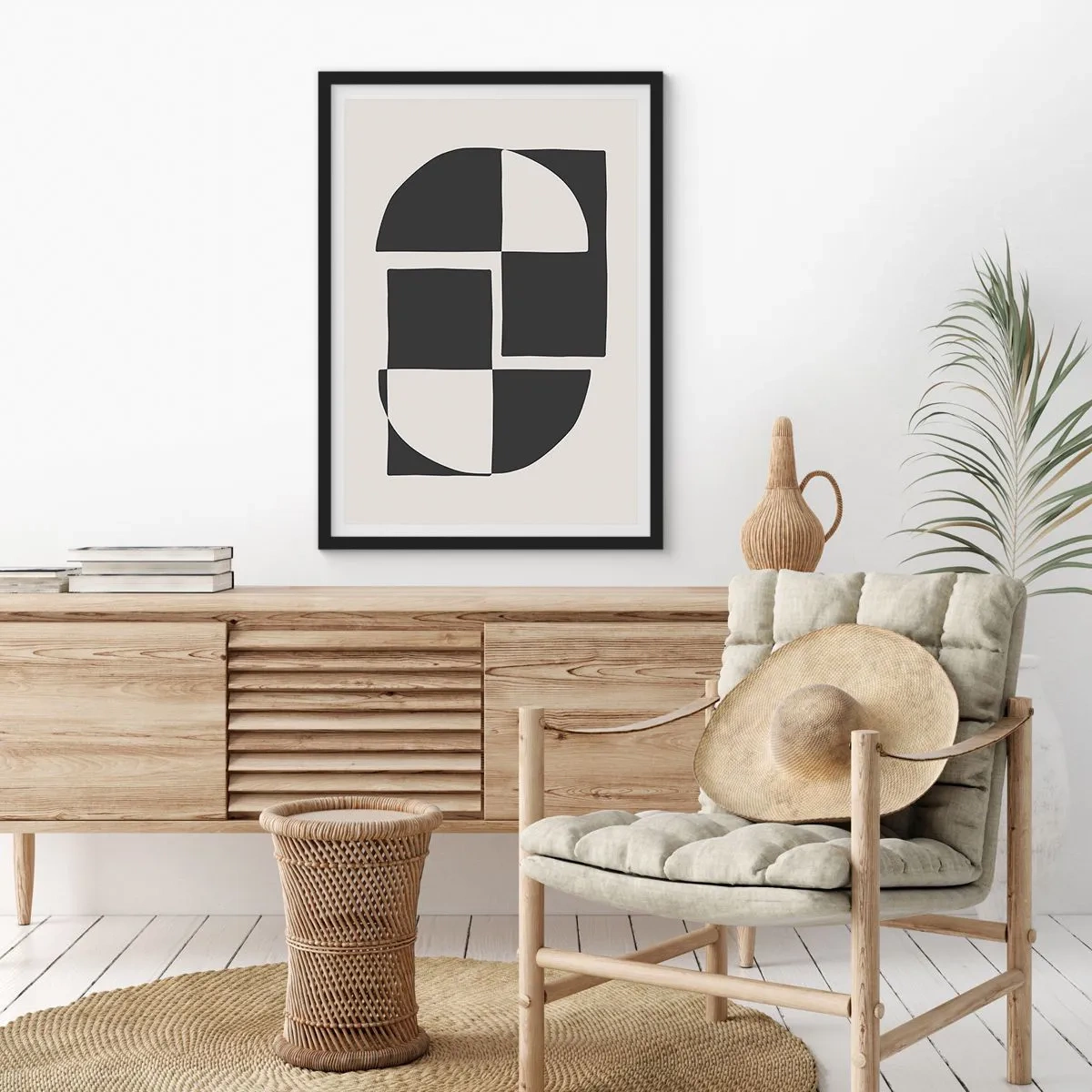 Pôster com moldura preta - Composição geométrica em preto e branco - 50x70cm - Antítese – síntese - Decoração de parede moderna para a sala de estar e quarto ARTTOR