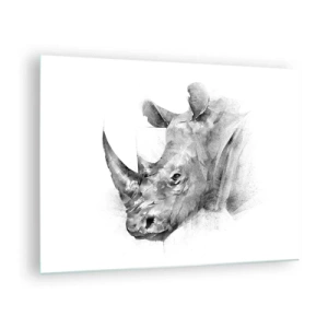 Quadro em vidro - Retrato em preto e branco de um rinoceronte em uma abordagem artística - 70x50cm - Retrato africano - Decoração de parede moderna para a sala de estar e quarto ARTTOR