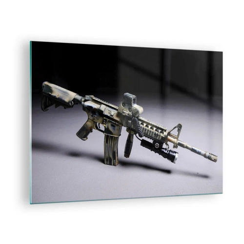 Quadro em vidro - Um rifle moderno em um fundo escuro com um toque industrial - 70x50cm - Sempre perigoso - Decoração de parede moderna para a sala de estar e quarto ARTTOR