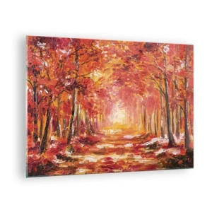 Quadro em vidro - Paisagem de outono com árvores em cores quentes - 70x50cm - Floresta de cobre - Decoração de parede moderna para a sala de estar e quarto ARTTOR